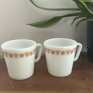 Vintage Pyrex Brown Butterfly Floral Coffee Tea #1410 Mug White Gold set of 2